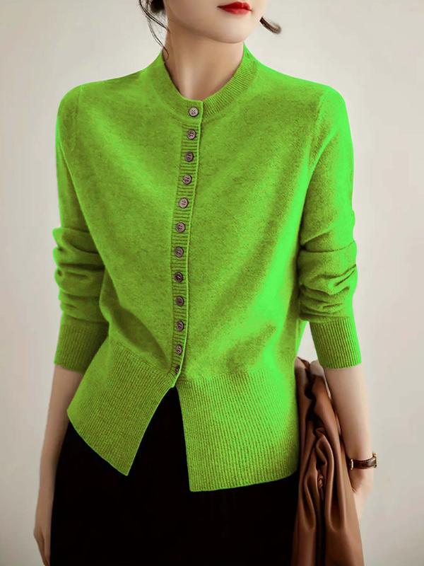 Women's Solid Button Front Cardigan, Casual Long Sleeve Round Neck Cardigan for Spring & Fall, Fashion Women's Knit Clothing for Daily Wear