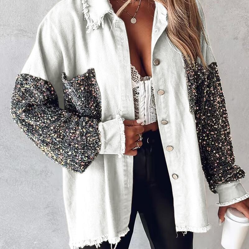 Chicme Contrast Sequin Raw Hem Shacket luxury outerwear sequins hacket Collar Collared Women's Corduroy plaid  shirt Women's Double Button Lapel Coat