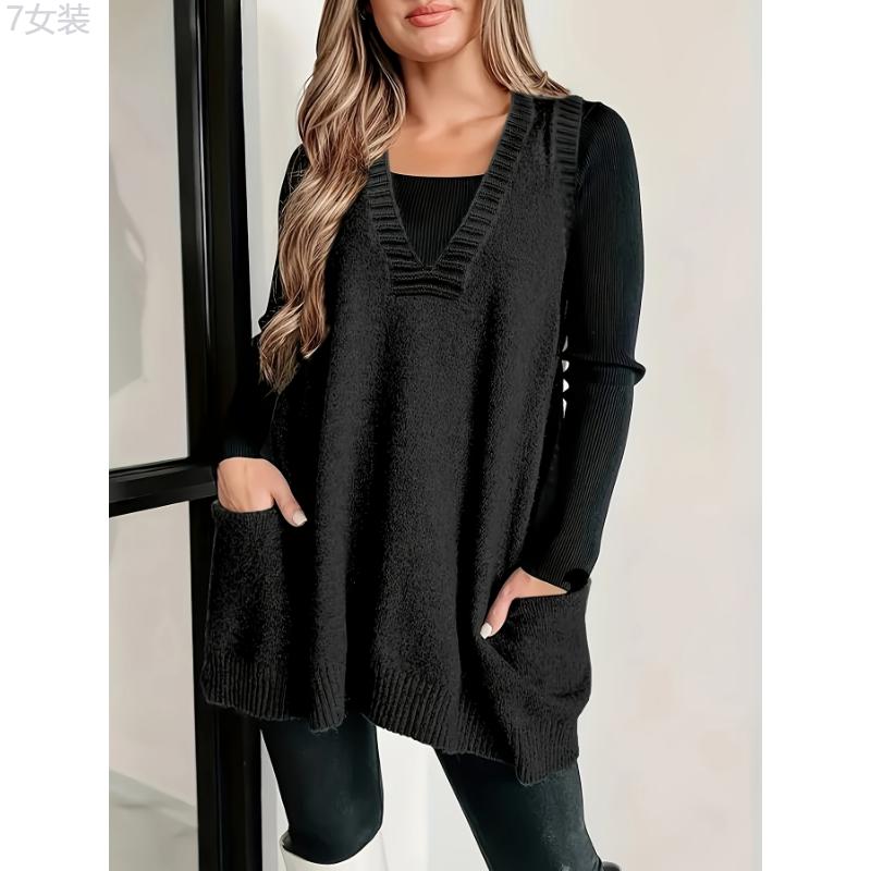 Plus Size Solid Pocket Knitted Vest, Casual V Neck Sleeveless Top For Spring & Fall, Women's Plus Size Clothing Collar Fabric