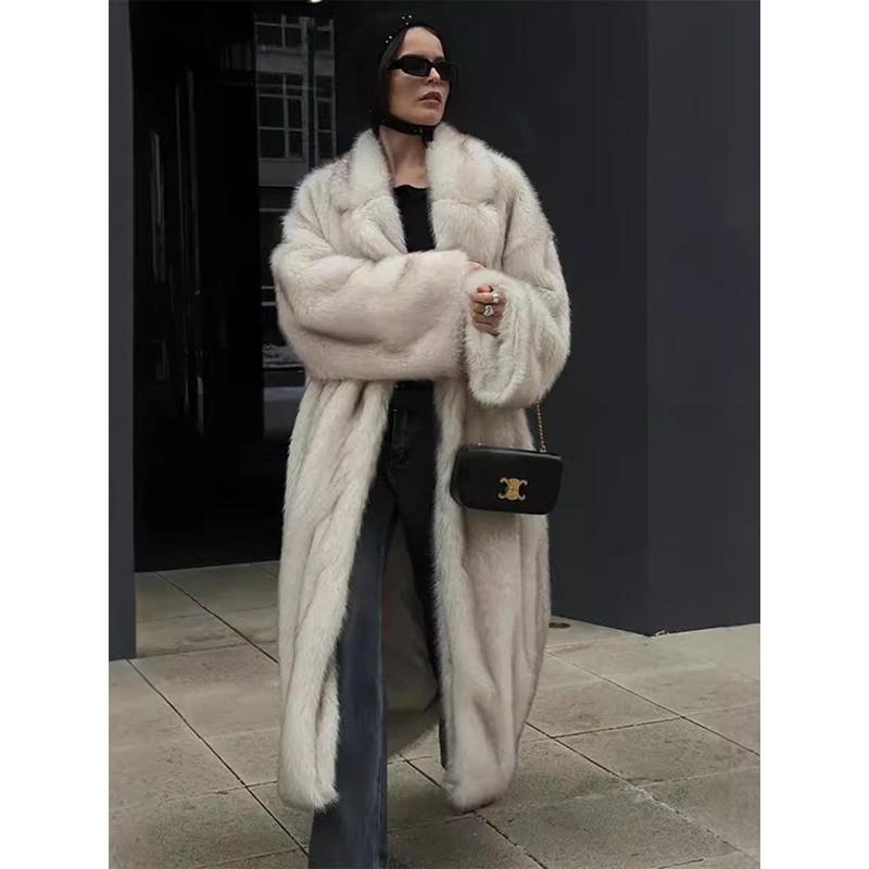 New Faux Fur Coat Women's Loose Collar Suit Extended  Coat Street Style Environmentally Friends Fur Womenswear Jackets Minimalist Long Sleeve Outerwear Tops Comfort Basic Crewneck Fitted