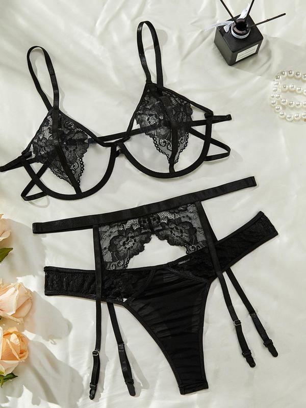  Contrast Lace Cut Out Bra & Thong & Garter Belt Set, Sexy Lingerie Three-Piece Set, Women's Nightwear Set for All Seasons