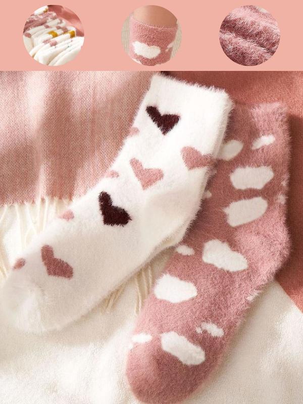 Women's Random Color Heart & Striped Print Fuzzy Socks, Cute Thicker Warm Mid-Calf Socks for Fall & Winter, Women's Socks for Daily Wear