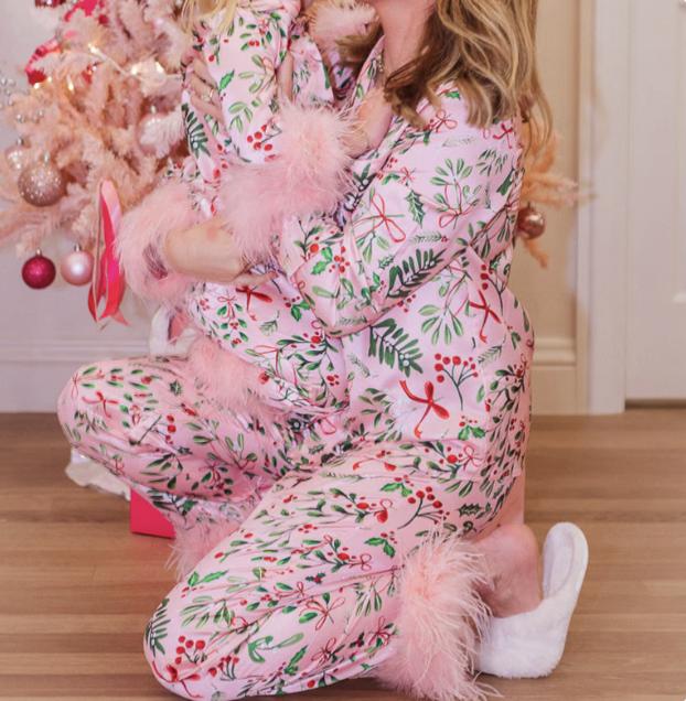 Mommy and Me Christmas Pajamas Set - individual pajama - Feather Trim Long Sleeve Button Down Matching Xmas Sleepwear for Mother Daughter family costume - matching pair must be ordered separately