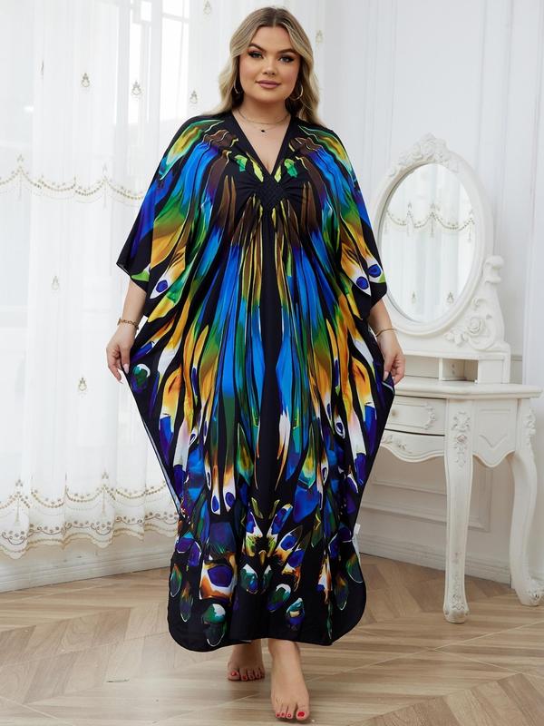  Butterfly feather Print Ruched Split Hem Tunic Dress, Elegant Batwing Sleeve V Neck Long Dress for Summer, Homecoming Dresses, Women's Clothes for Beach Holiday Vacation， Moo Moo Dresses