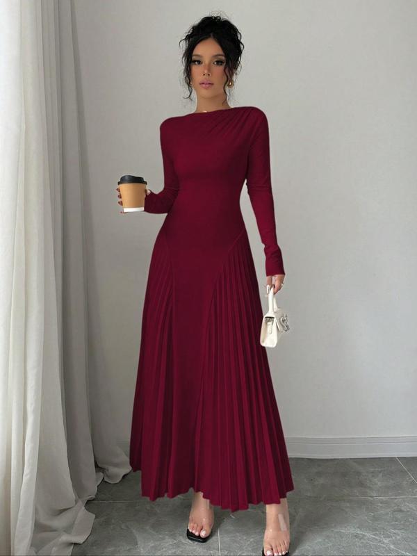 Women's Plain Ruched Pleated A Line Dress, Elegant Long Sleeve Round Neck Long Dress for Party Holiday Wedding Guest, Ladies Spring & Fall Clothes