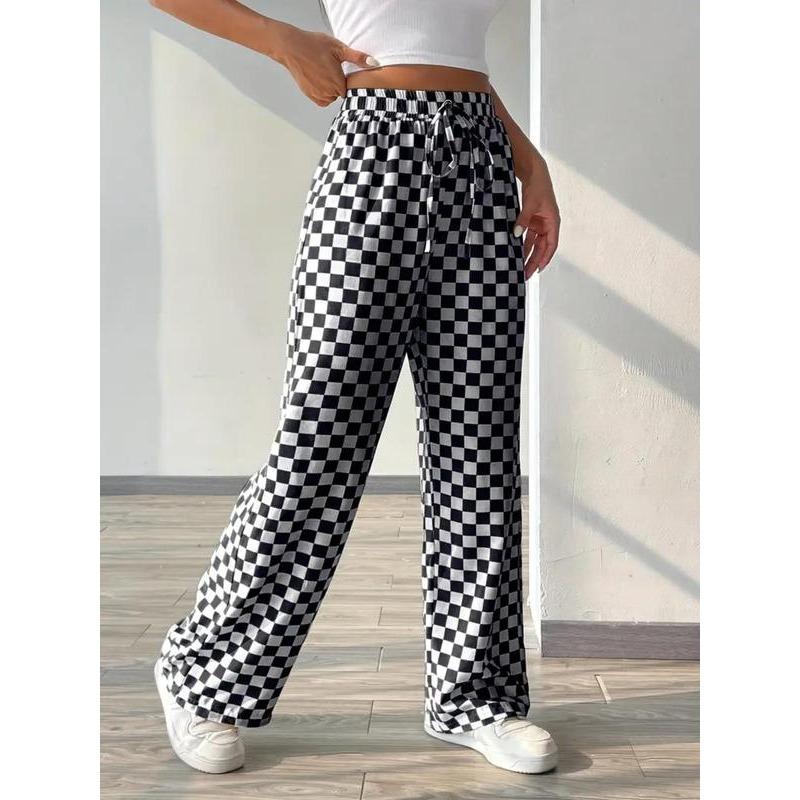 Women's All Over Checkerboard Print Drawstring Waist Straight Leg Pants, Casual Comfy High Waist Trousers for Daily Wear, Ladies Bottoms for All Seasons Womenswear Comfort