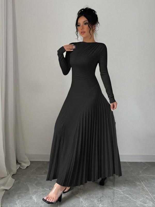 Women's Plain Ruched Pleated A Line Dress, Elegant Long Sleeve Round Neck Long Dress for Party Holiday Wedding Guest, Ladies Spring & Fall Clothes