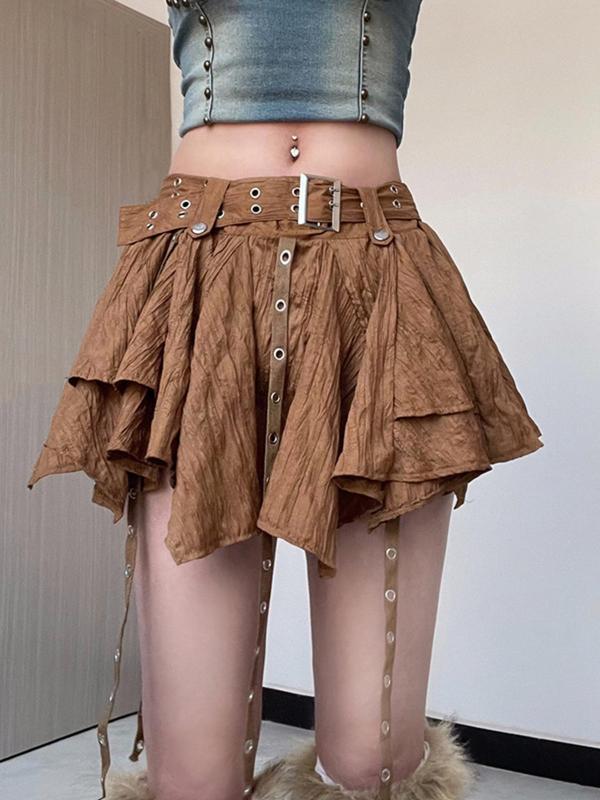 Women's Grommet Eyelet Decor Belted Asymmetrical Hem Skirt, Fashion Casual Mini Skirt for Daily Outdoor Wear, Ladies Bottoms for All Seasons