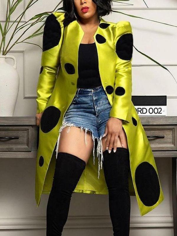 Women's Colorblock Polka Dot Print Button Front Longline Coat, Casual Long Sleeve Outerwear for Spring & Fall, Ladies Clothes for Daily Wear