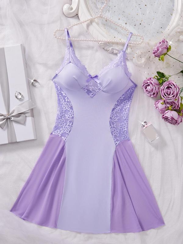 Women's Contrast Lace Bow Front Sheer Cami Nightdress, Soft Comfortable V Neck Sleeveless Nightgown for All Seasons, Fashion Ladies' Sleepwear for Daily Wear