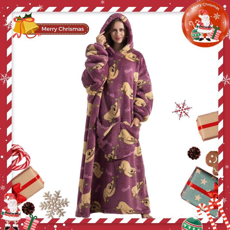 [Free shipping on 2 items] Cute Cartoon Pattern Wearable Hooded Blanket for Women Men, Christmas Gift Oversized Wearable Hooded Blanket Sweatshirt Pullover Loungewear Womenswear Pajamas Large Warm and Cozy With Large Pocket