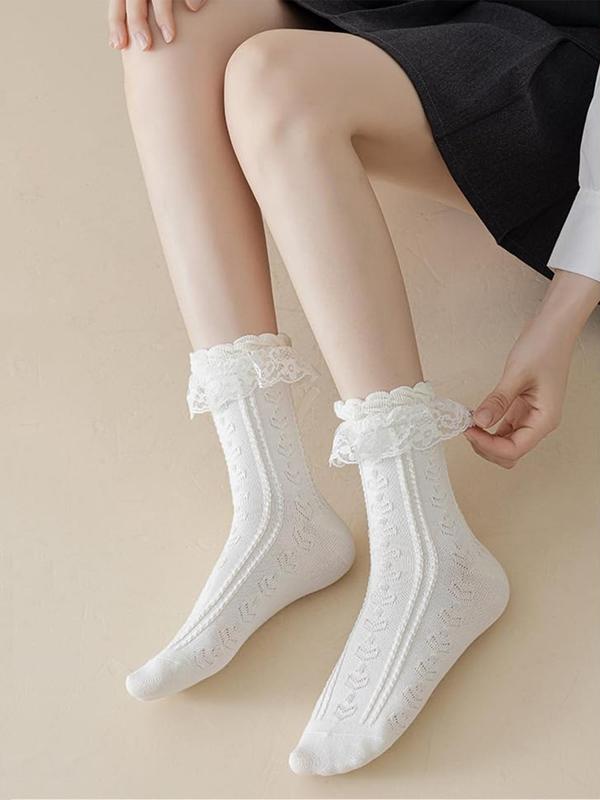 Women's Jacquard Contrast Lace Mid-calf Socks, Sweet Style Casual Soft Comfy Breathable Mid-Calf Socks for Daily Wear, Ladies Socks for All Seasons