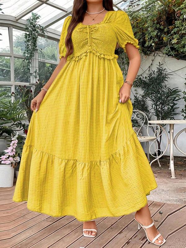  Frill Trim Puff Sleeve Shirred Vintage Dress, Elegant Short Sleeve Square Neck Dress, Dresses for Women, Summer Dresses 2024, Women's Plus Clothing for Beach Holiday, Plus Size Women's Clothing, Fall Wedding Guest Dress