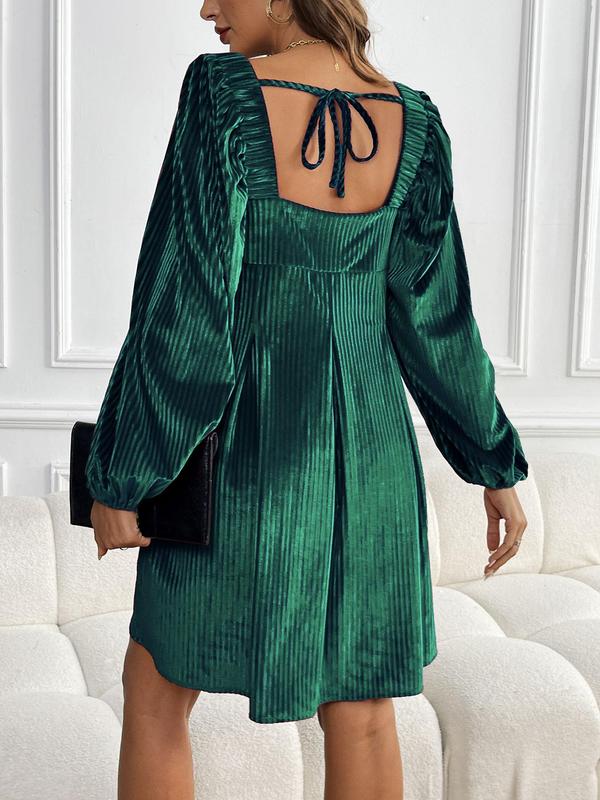 Women's Solid Velvet Smock Dress, Solid Backless Tie Back Bishop Sleeve Short Dress for Spring & Fall, Holiday Dress, Women's Clothing for Daily Wear