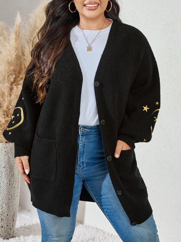 Christmas Deals, CURVZY Plus Size Moon & Star Embroidery Button Front Cardigan, Casual Drop Shoulder Long Sleeve Pocket Cardigan, Christmas 2024 Trend, Christmas Clothes, Fall&Winter Clothes, Christmas Gift Ideas