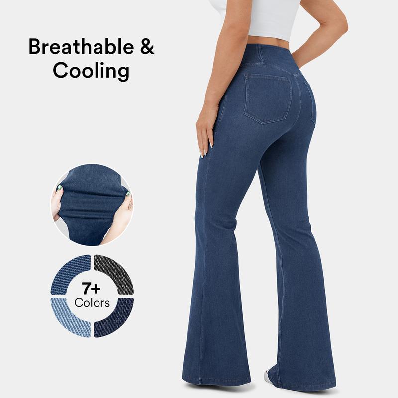 HalaraMagic High Waisted Crossover Pocket Cool Touch Washed Stretchy Knit Casual Super Flare Jeans