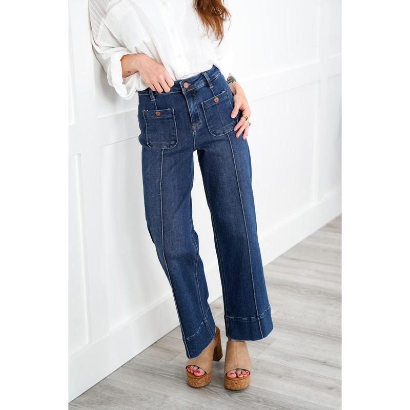 Risen Working Overtime High Rise Dark Wash Patch Pocket with Front Pintuck Wide Leg Jeans