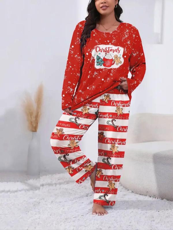  Two-Piece Set Christmas Print Long Sleeve Tee & Elastic Waist Pants Pyjama, Casual Comfy Round Neck Top & Trousers Set, Women's Sleepwear for Spring & Fall