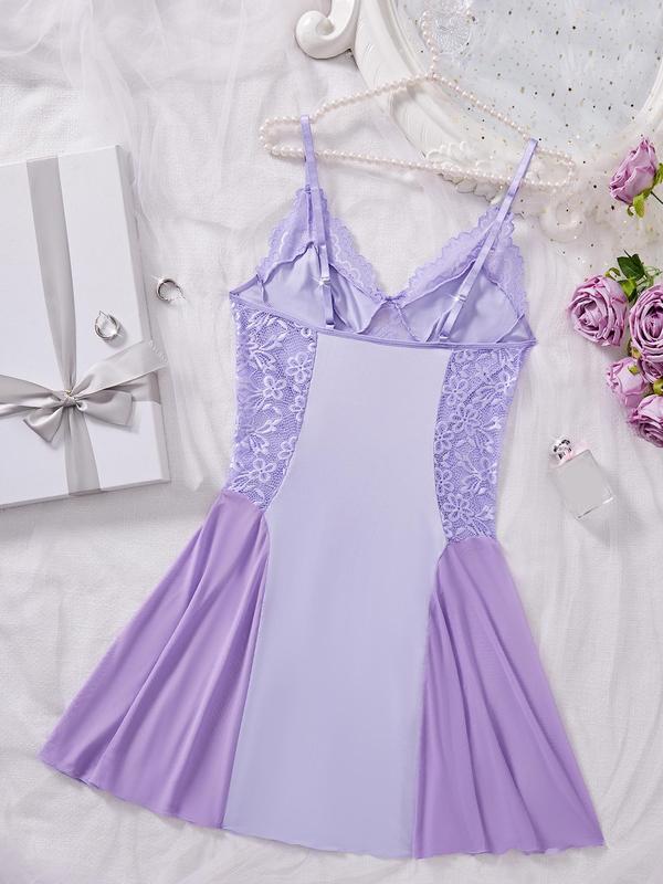 Women's Contrast Lace Bow Front Sheer Cami Nightdress, Soft Comfortable V Neck Sleeveless Nightgown for All Seasons, Fashion Ladies' Sleepwear for Daily Wear