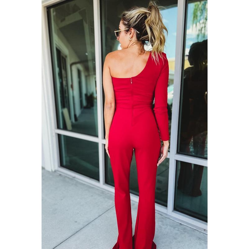 One Shoulder Mesh Rhinestone Long Sleeve Jumpsuit Western Style Concert Nashville Vegas Outfit Red Blue Black White