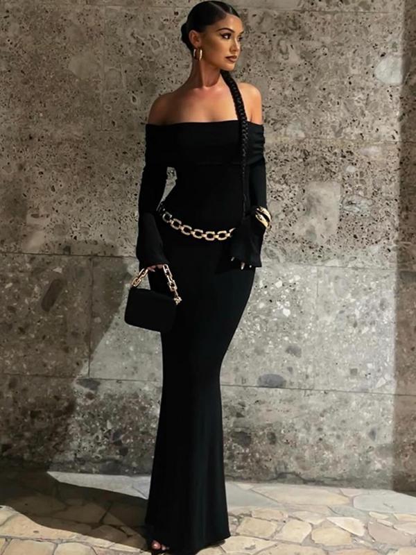 Women's Off Shoulder Cut Out Bodycon Dress, Solid Long Sleeve Maxi Dress for Party Club Dating Wear, Holiday Dress, Women's Clothing for Fall & Winter