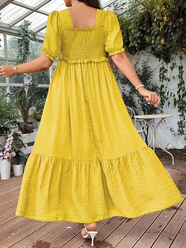  Frill Trim Puff Sleeve Shirred Vintage Dress, Elegant Short Sleeve Square Neck Dress, Dresses for Women, Summer Dresses 2024, Women's Plus Clothing for Beach Holiday, Plus Size Women's Clothing, Fall Wedding Guest Dress