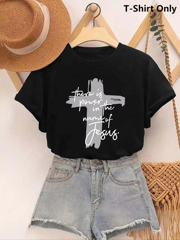 Women's Letter & Cross Print Round Neck Tee, Casual Short Sleeve Crew Neck T-Shirt for Daily Wear, Ladies Clothes for All Seasons