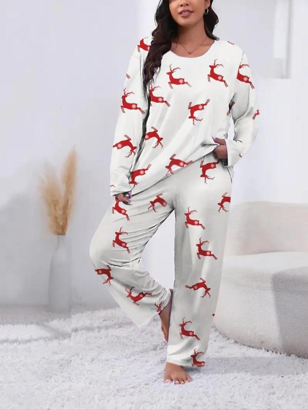  Two-Piece Set Christmas Print Long Sleeve Tee & Elastic Waist Pants Pyjama, Casual Comfy Round Neck Top & Trousers Set, Women's Sleepwear for Spring & Fall