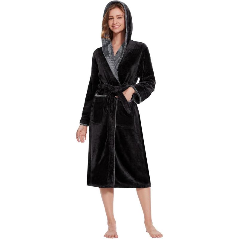 Womens Hooded Robes Plush Bathrobe Long Warm Fleece Robe