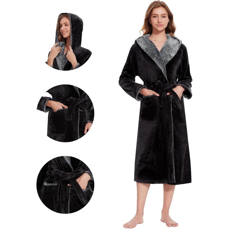 Womens Hooded Robes Plush Bathrobe Long Warm Fleece Robe