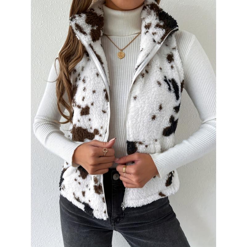 Cow Pattern Plush Zip Up Stand Collar Vest, Casual Sleeveless Slant Pockets Warm Gilet Jacket For Winter & Fall, Women's Clothing