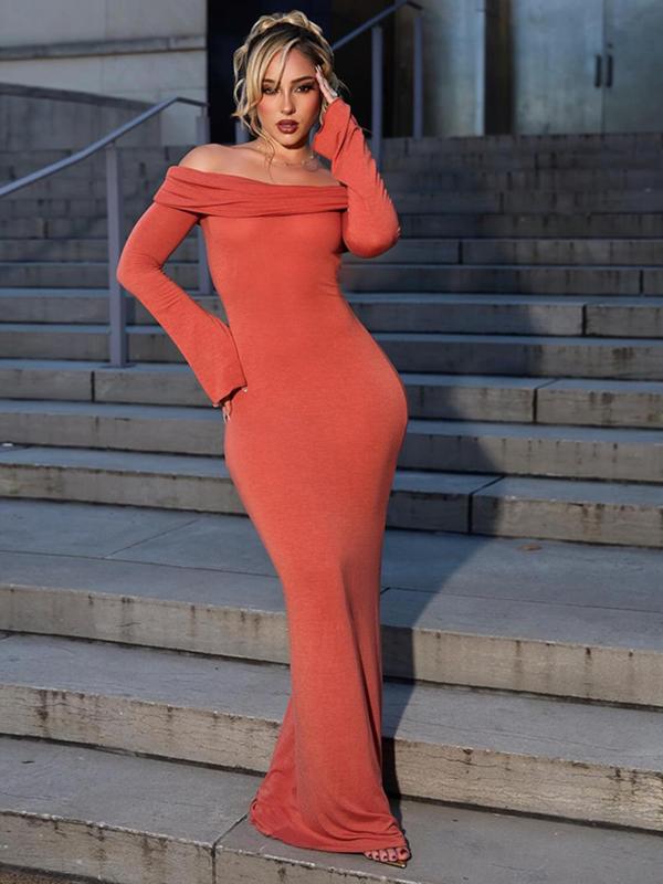 Women's Off Shoulder Cut Out Bodycon Dress, Solid Long Sleeve Maxi Dress for Party Club Dating Wear, Holiday Dress, Women's Clothing for Fall & Winter