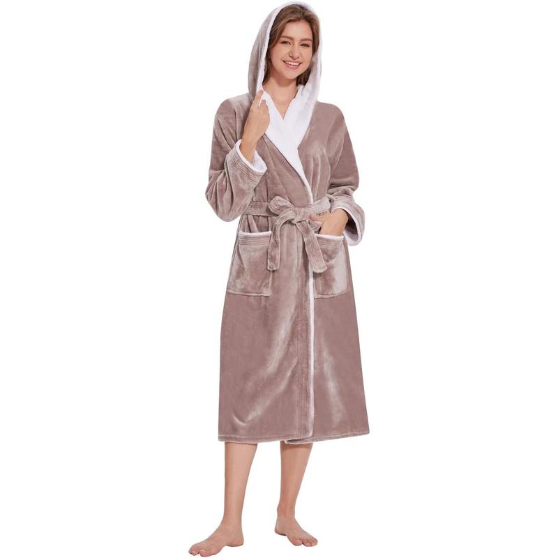 Womens Hooded Robes Plush Bathrobe Long Warm Fleece Robe