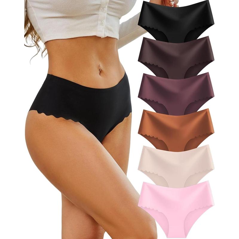 High Waisted Seamless Underwear for Women No Show Panties Cheeky Scalloped Edge Bikini Breathable Briefs 6 Pack