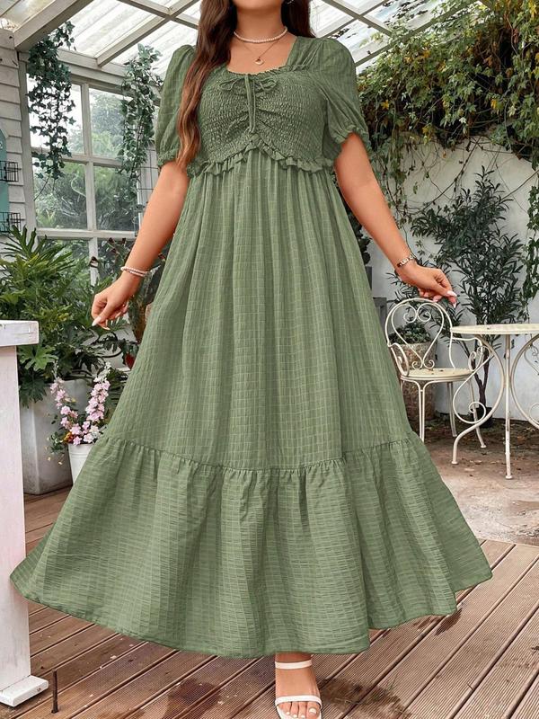  Frill Trim Puff Sleeve Shirred Vintage Dress, Elegant Short Sleeve Square Neck Dress, Dresses for Women, Summer Dresses 2024, Women's Plus Clothing for Beach Holiday, Plus Size Women's Clothing, Fall Wedding Guest Dress