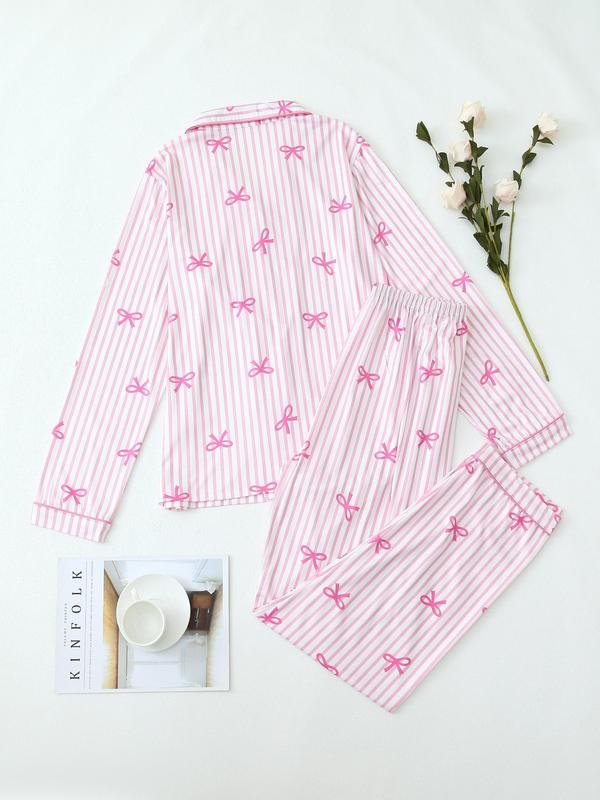 Two-Piece Set Women's All Over Bow Print Button Front Shirt & Pants Pyjama, Casual Comfy Long Sleeve Lapel Neck Top & Trousers PJ Set, Women's Sleepwear for Spring & Fall