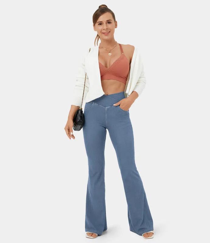 HalaraMagic High Waisted Crossover Pocket Cool Touch Washed Stretchy Knit Casual Super Flare Jeans