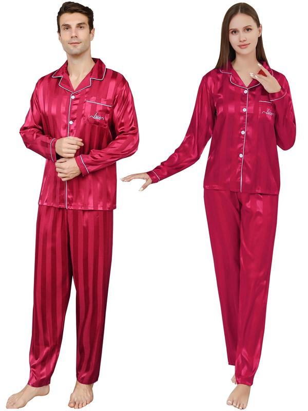 Couple's 2pcs Button Front Pocket Lapel Shirt & Pants Silk Cloth Loungewear PJ Set, 2 Piece Set Casual Comfortable Pajama Set, Sleepwear for Men & Women, Satin Sleepwear Set