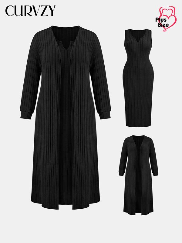 CURVZY Christmas Deals, Plus Size Solid Color Ribbed Two-Piece Set, Casual Tummy Control Drop Shoulder Open Front Outerwear & Notched Neck Tank Dress Set, Women Plus Clothing, Christmas 2024 Trend, Fall & Winter Outfits