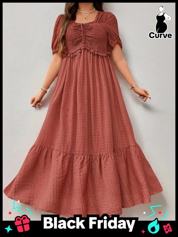  Frill Trim Puff Sleeve Shirred Vintage Dress, Elegant Short Sleeve Square Neck Dress, Dresses for Women, Summer Dresses 2024, Women's Plus Clothing for Beach Holiday, Plus Size Women's Clothing, Fall Wedding Guest Dress