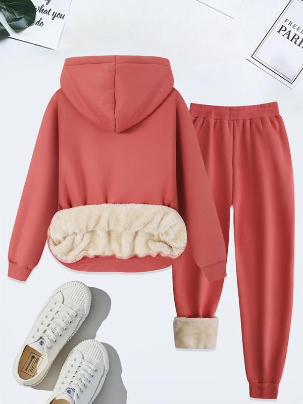 Women's Butterfly Print Thermal Lined Hoodie & Drawstring Waist Pants Two-piece Set, Casual Long Sleeve Hooded Sweatshirt & Pocket Trousers for Fall & Winter, Women's Clothes for Daily Wear