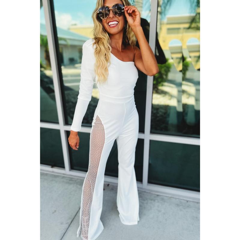 One Shoulder Mesh Rhinestone Long Sleeve Jumpsuit Western Style Concert Nashville Vegas Outfit Red Blue Black White