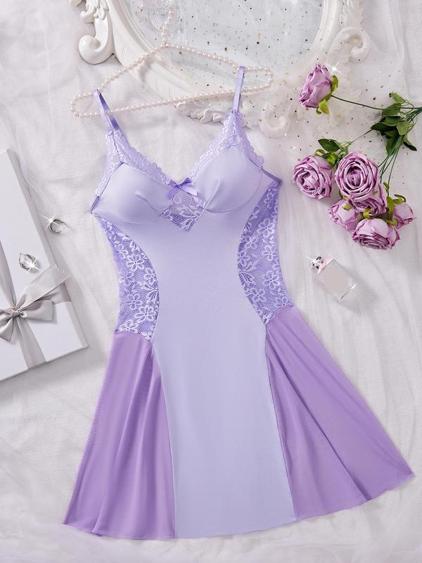 Women's Contrast Lace Bow Front Sheer Cami Nightdress, Soft Comfortable V Neck Sleeveless Nightgown for All Seasons, Fashion Ladies' Sleepwear for Daily Wear