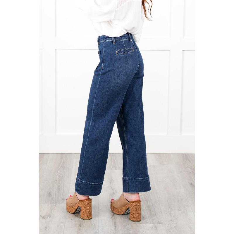 Risen Working Overtime High Rise Dark Wash Patch Pocket with Front Pintuck Wide Leg Jeans