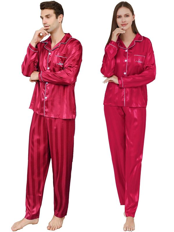 Couple's 2pcs Button Front Pocket Lapel Shirt & Pants Silk Cloth Loungewear PJ Set, 2 Piece Set Casual Comfortable Pajama Set, Sleepwear for Men & Women, Satin Sleepwear Set