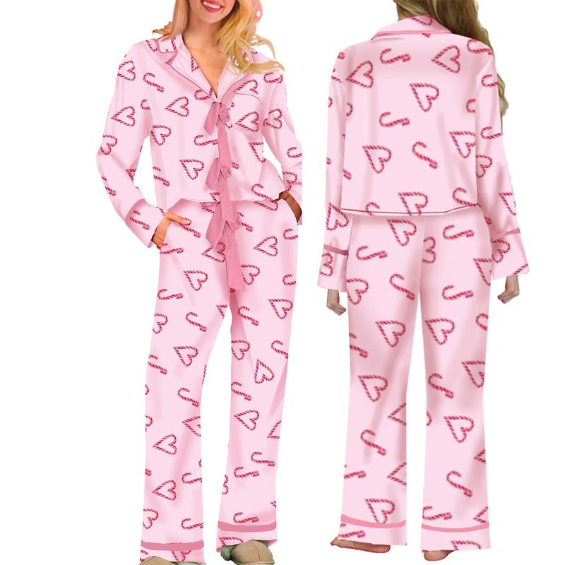 2 Piece Mommy and Me Matching Holiday Pajamas Bow Heart Print Tie Front Long Sleeve Tops and Long Pants Set Family Matching Sleepwear