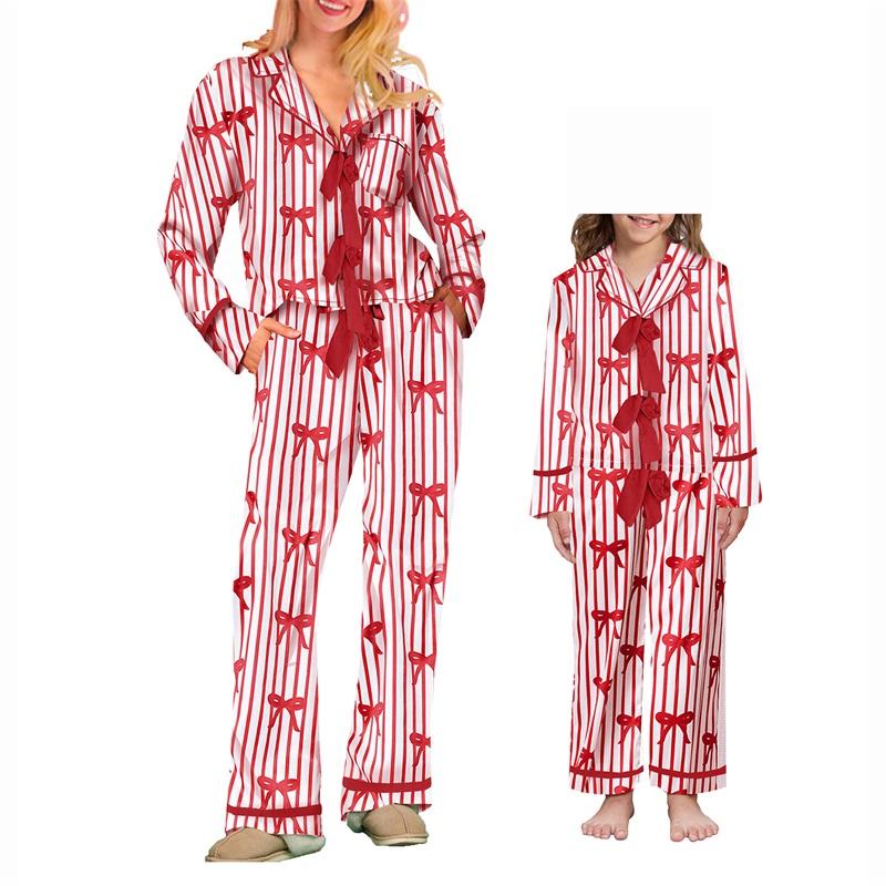 2 Piece Mommy and Me Matching Holiday Pajamas Bow Heart Print Tie Front Long Sleeve Tops and Long Pants Set Family Matching Sleepwear