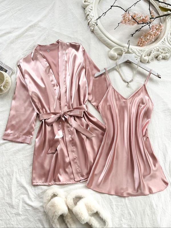 Women's Solid Belted Satin Pyjama Two-piece Set, Long Sleeve Cami Night Dress & Robe Pj Set, Women's Sleepwear for All Seasons, Girl in Pajama Pants