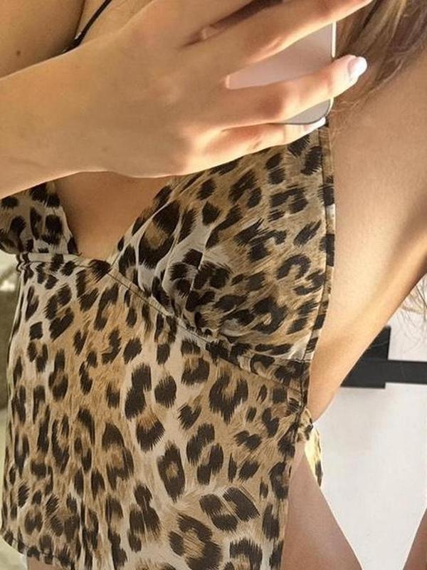 Women's Leopard Print Tie Back Crop Halter Top with Scarf, Fashion Casual Backless Sleeveless Top for Daily Outdoor Wear, Women Top Clothes for Summer