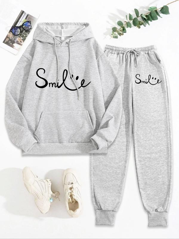 Two-piece Set Women's Letter Print Pocket Hoodie & Drawstring Waist Sweatpants, Casual Fashion Cozy Breathable Two Piece Outfits for Daily Workout Running, Ladies Fall & Winter Clothes